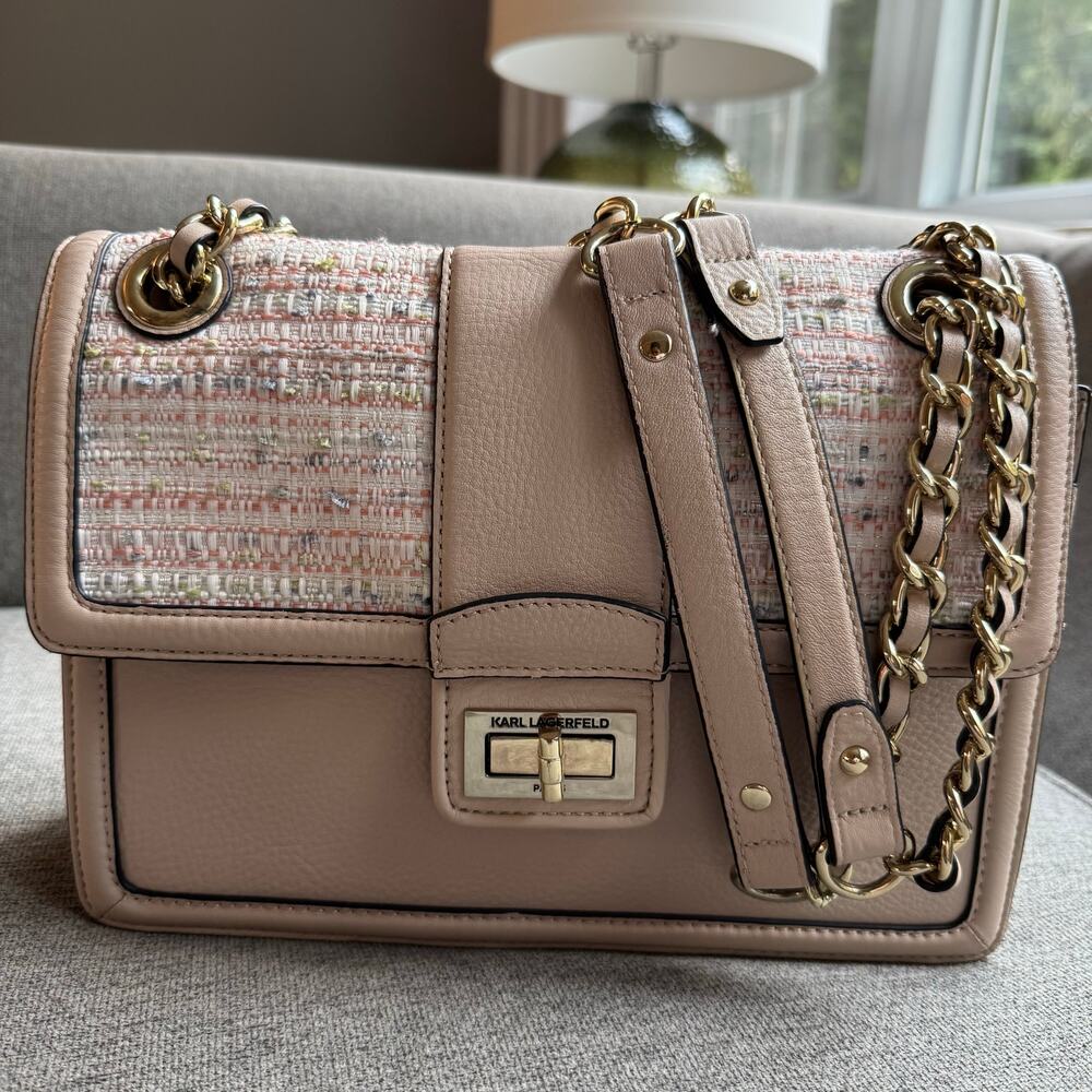 Karl Lagerfeld Beige Tweed Details Shoulder Crossbody Bag Purse - Picture 4 of 12